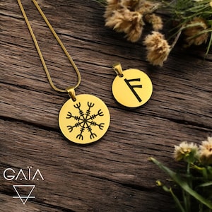 Custom runes Necklace –Esoterique and magic jewelry Gold-Plated Medallion, Engraved Name & Date,