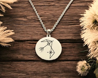 Op de afbeelding: Een zilverkleurige ketting met een ronde hanger met een zwart geometrisch ontwerp. De hanger hangt aan een fijne ketting. De achtergrond is een donker houten oppervlak met gedroogde bloemen.