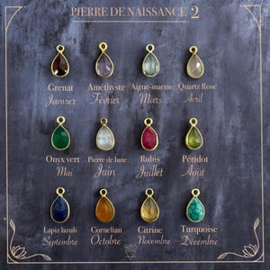 Peut inclure: Douze pendentifs en forme de goutte, sertis d'or, représentant les pierres de naissance mensuelles. Les pierres incluent Grenat, Améthyste et Turquoise. Le texte "PIERRE DE NAISSANCE 2" est visible en haut de l'image.