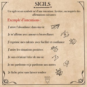 Op de afbeelding: Een beige poster met het woord "SIGILS" bovenaan. De Franse tekst legt sigillen uit en geeft voorbeelden van intenties. De poster toont verschillende sigil-symbolen en een logo onderaan met de tekst "GAIA".