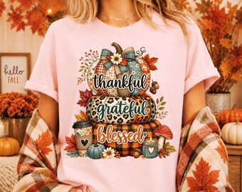 Herbst Kürbis PNG Dankbares gesegnetes Design, Leopard karierte Kürbis Sublimation, Erntedank-Shirt PNG, Herbst Digitaler Download