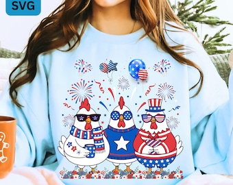 Patriotic Chicken PNG SVG Funny 4th of July Farm Animal Design Red White Blue Retro America Independence Day Sublimation