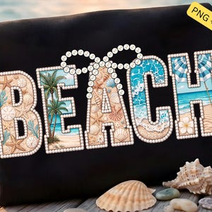 May include: Black t-shirt with the word "BEACH" in a decorative font. The letters are filled with beach-themed imagery, including seashells, starfish, palm trees, and ocean waves. The design is outlined with a pearl-like border. The top right corner has the text "PNG + SVG".