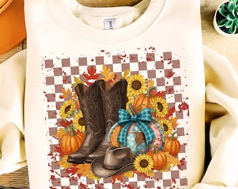 Western Fall PNG SVG, Cowgirl Boots Pumpkin Sunflower, Checkered Distressed Autumn Sublimation Design