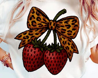 Gehäkelte Knüpferei Erdbeere PNG SVG Kunstgarn Leopard Bogen Clipart Coquette Stricken Erdbeere Valentinstag Sublimation Digitales Design