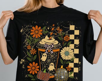 Halloween Checkered Coffee Cup PNG SVG | Spooky Ghost Pumpkin Fall Sublimation Design Digital Download
