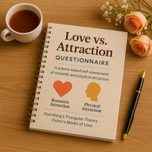 以下が含まれることがあります： 「Love vs. Attraction Questionnaire」というタイトルのスパイラル綴じノート。テキストとイラストが描かれています。コーヒーカップ、ペン、花も写っています。ノートにはハートとプロフィールのアイコンがあります。