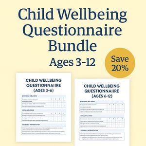 Op de afbeelding: Een bundel vragenlijsten over het welzijn van kinderen voor de leeftijden 3-12. De afbeelding toont twee vragenlijsten, één voor de leeftijd 3-6 en een andere voor de leeftijd 6-12, met secties over emotioneel en sociaal welzijn. Een gele cirkel geeft 20% korting aan.