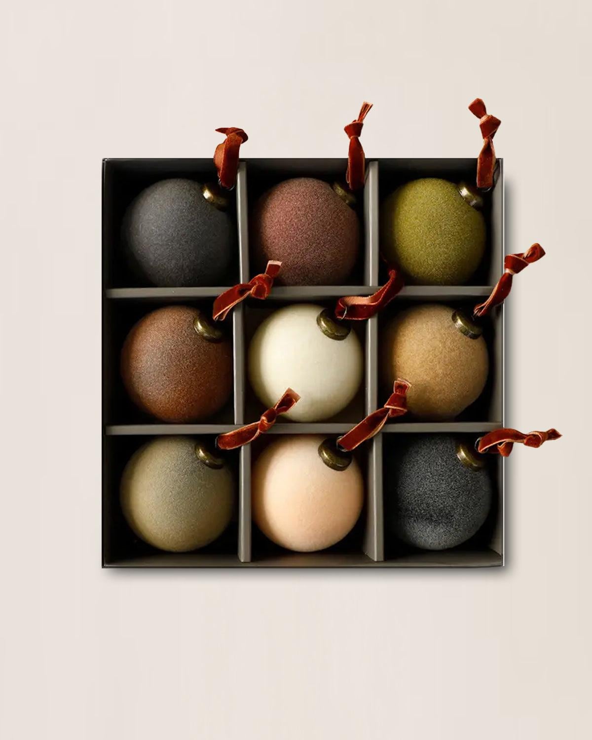 Flocked Velvet Christmas Ball Ornaments with Mixed Colors (Set of 9) - Bauble Balls with Bronzed Metal Clasp and Ribbon Hanger