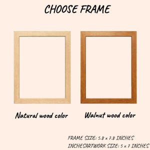 May include: Two wooden picture frames, one in natural wood color and the other in walnut. The text "CHOOSE FRAME" is at the top. The frame size is 5.8 x 7.8 inches, and the artwork size is 5 x 7 inches.