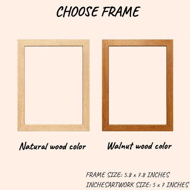 May include: Two wooden picture frames, one in natural wood color and the other in walnut. The text "CHOOSE FRAME" is at the top. The frame size is 5.8 x 7.8 inches, and the artwork size is 5 x 7 inches.