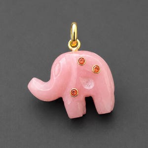 Hand Carved Pink Opal Elephant Pendant with Orange CZ Gemstone Charm – Gold Plated Necklace