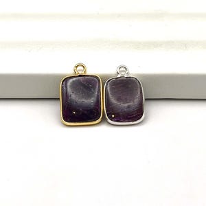Op de afbeelding: Twee rechthoekige hangers met afgeronde hoeken. Eén heeft een goudkleurig frame, de andere een zilverkleurig frame. Beide hebben een donkerpaarse steen met zichtbare adering. De hangers hebben een kleine lus aan de bovenkant om aan een ketting of andere sieraden te bevestigen.