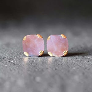 Raw Pink Opal Cushion Cut Stud Earrings, 18K Gold Vermeil Boho Jewelry