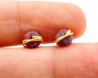 Ruby Wire Wrapped Stud Earrings, Raw Gemstone Studs, 5-7mm Gold Plated, Dainty Minimalist Jewelry, Gift for Her