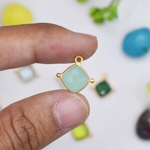 Green Chalcedony Cushion Charm Pendant – 8x8mm Gold Plated Bezel Set Double-Sided Faceted Tiny Fancy Charm for Jewelry Making