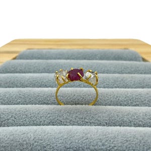 Three Stone Engagement Ring Raw Ruby and Herkimer Diamond Ring Prong Set Raw Stone Ring January Birthstone