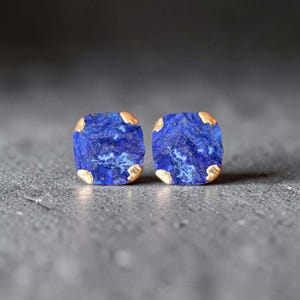 Könnte beinhalten: Ein Paar quadratische Ohrstecker. Jeder Ohrring hat einen tiefblauen, strukturierten Stein mit goldfarbenen Akzenten an den Ecken. Die Ohrringe sind vor einem grauen Hintergrund platziert, der ihre Farbe und ihr Design hervorhebt.