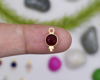 Birthstone Garnet Stone Round Charm Pendant - 6mm Gold Plated Bezel Set Double-Sided Faceted Tiny Fancy Charm for Jewelry Making