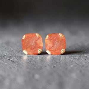 May include: A pair of square-shaped stud earrings. The earrings are a reddish-orange color with a wood grain texture. Each earring has small, gold-colored accents at the corners. The earrings are displayed on a gray surface.