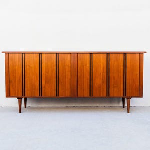 Mid Century Modern Walnut Tambour Door Credenza – 1970s Large Barzilay Sideboard Cabinet MCM Storage Console