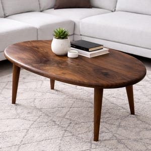Mid Century Modern Walnut Coffee Table, Handmade Oval Wooden Table for Living Room