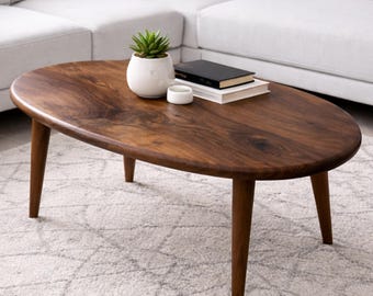 Mid Century Modern Walnut Coffee Table, Handmade Oval Wooden Table for Living Room