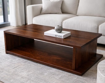 Modern Solid Wood Coffee Table with Storage Shelf, Rectangular Minimalist Center Table for Living Room