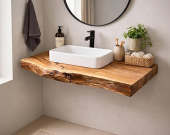 Live Edge Floating Bathroom Countertop, Wall Mounted Sink Slab, Solid Hardwood Vanity Top