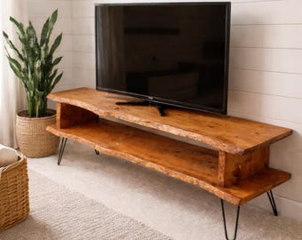 Live Edge Solid Wood TV Stand, Rustic Handmade Media Console, Natural Edge Wooden TV Unit with Hairpin Legs
