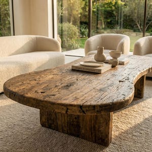 May include: A low coffee table crafted from dark, weathered wood with a natural, irregular organic shape. The surface features visible wood grain, knots, and cracks, supported by a thick, solid rectangular base. Two books and three ceramic vessels sit on top.