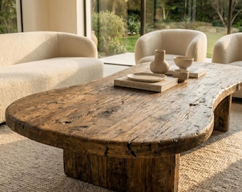 Reclaimed Wood Coffee Table, Organic Shape Rustic Living Room Table, Custom Furniture