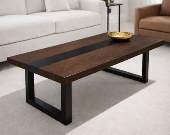 Solid Walnut Coffee Table, Black Metal Inlay, Modern Living Room Table