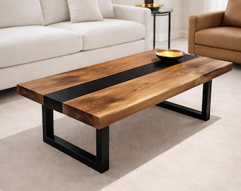 Walnut Rectangle Coffee Table with Metal Legs, Solid Wood Contemporary Table