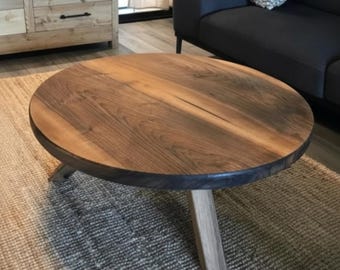 Round Walnut Coffee Table, Handcrafted Solid Wood Mid Century Modern Center Table