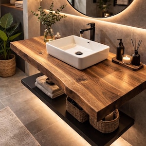 Solid hardwood vanity shelf designed for modern rustic bathroom interiors.