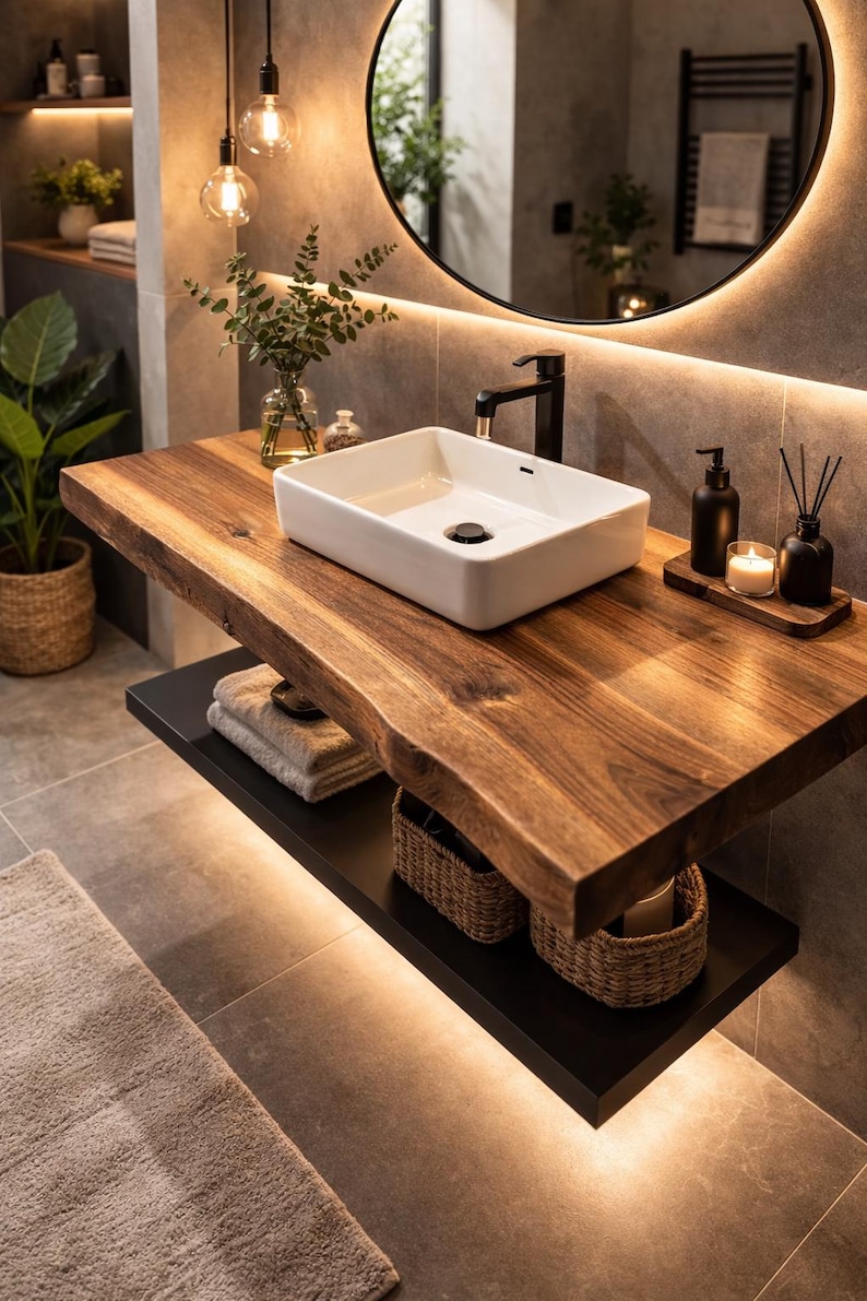 Solid hardwood vanity shelf designed for modern rustic bathroom interiors.