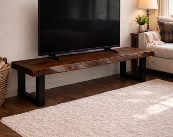 Live Edge Walnut Media Console, Solid Wood TV Stand with Black Metal Legs