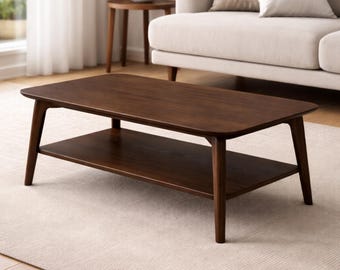 Handmade Solid Walnut Coffee Table with Shelf, Modern Living Room Furniture