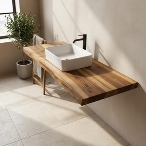 Wall mounted sink slab with natural grain detail and matte protective finish.