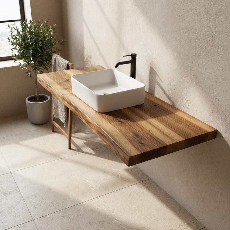 Wall mounted sink slab with natural grain detail and matte protective finish.