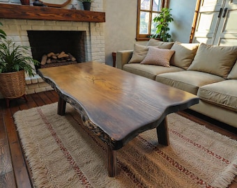 Live Edge Reclaimed Wood Coffee Table, Farmhouse Handmade Natural Wood Furniture for Living Room