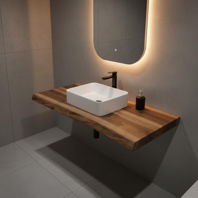 Rustic modern bath top styled with vessel basin and black faucet.