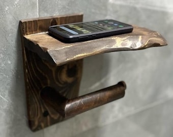 Walnut Toilet Paper Holder with Shelf, Wall Mount Bathroom Storage