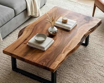 Live Edge Walnut Coffee Table, Handcrafted Reclaimed Wood Farmhouse Centerpiece, Irregular Natural End Table
