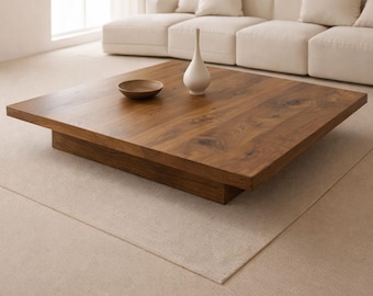 Square Low Coffee Table, Solid Walnut Japandi Centerpiece, Minimal Modern Wooden Furniture for Living Room
