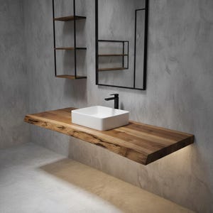 Floating bathroom countertop crafted from kiln-dried hardwood.