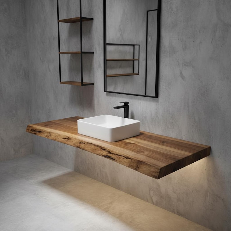 Floating bathroom countertop crafted from kiln-dried hardwood.