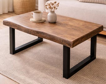 Handmade Live Edge Coffee Table, Rustic Solid Wood Accent Table with Metal Legs