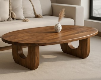 Walnut Oval Coffee Table, Handmade Japandi Style Centerpiece, Modern Wood Furniture